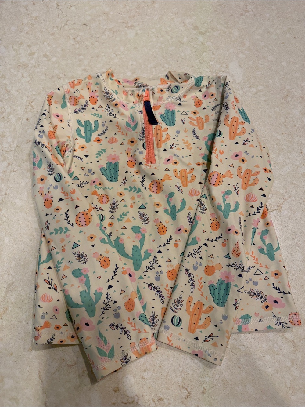 Ruffle Butts Cream Cactus & Floral Zip Rashguard with Coral Accent